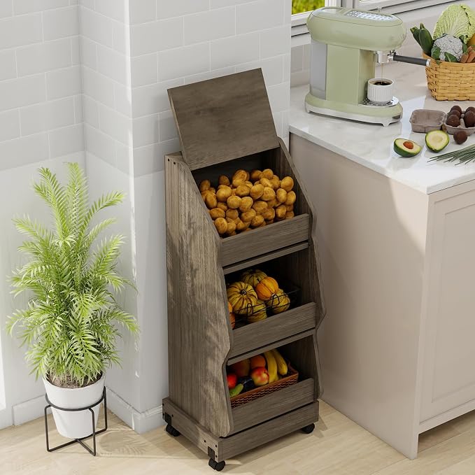 ARTETHYS Potato and Onion Storage Bin with Wheels Gray Movable Bread Box with Lid Onion Organizer with Grocery Section Decorative Vegetable Organization Cabinet for Kitchen