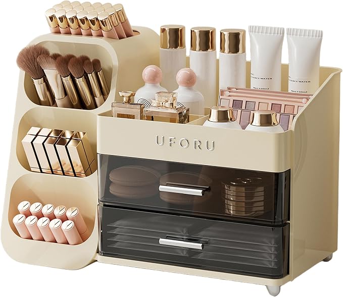 UFORU Makeup Organizer for Vanity with Brush Holder, Large Capacity Bathroom Countertop Skincare Organizer with 2 Drawers, Cosmetic Display Case for Perfumes, Eyeshadow Palettes, Nail Polishes