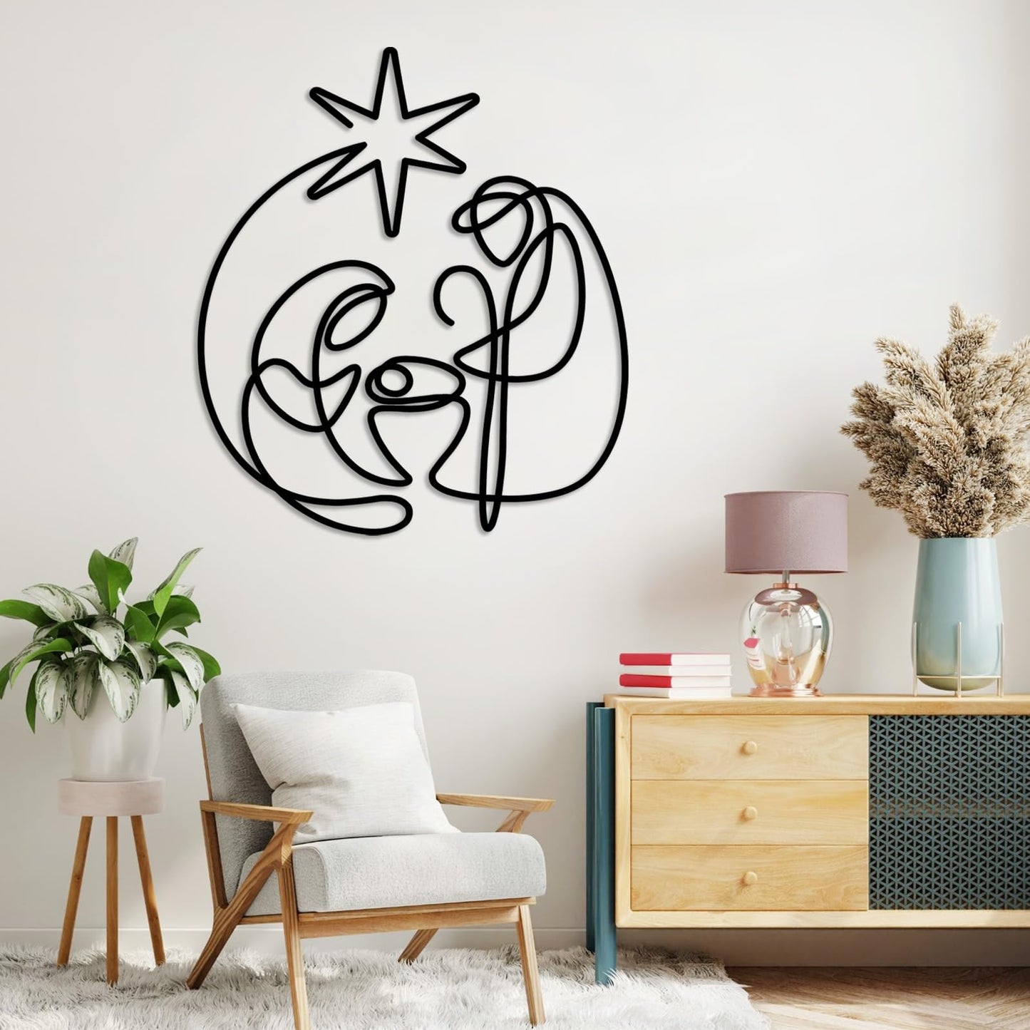 SZI Nativity Scene Metal Wall Art, Line Art Religious Christmas Decor, Minimalist Wall Art for Living Room, Bedroom (Black, 24"x21"|60x53cm)