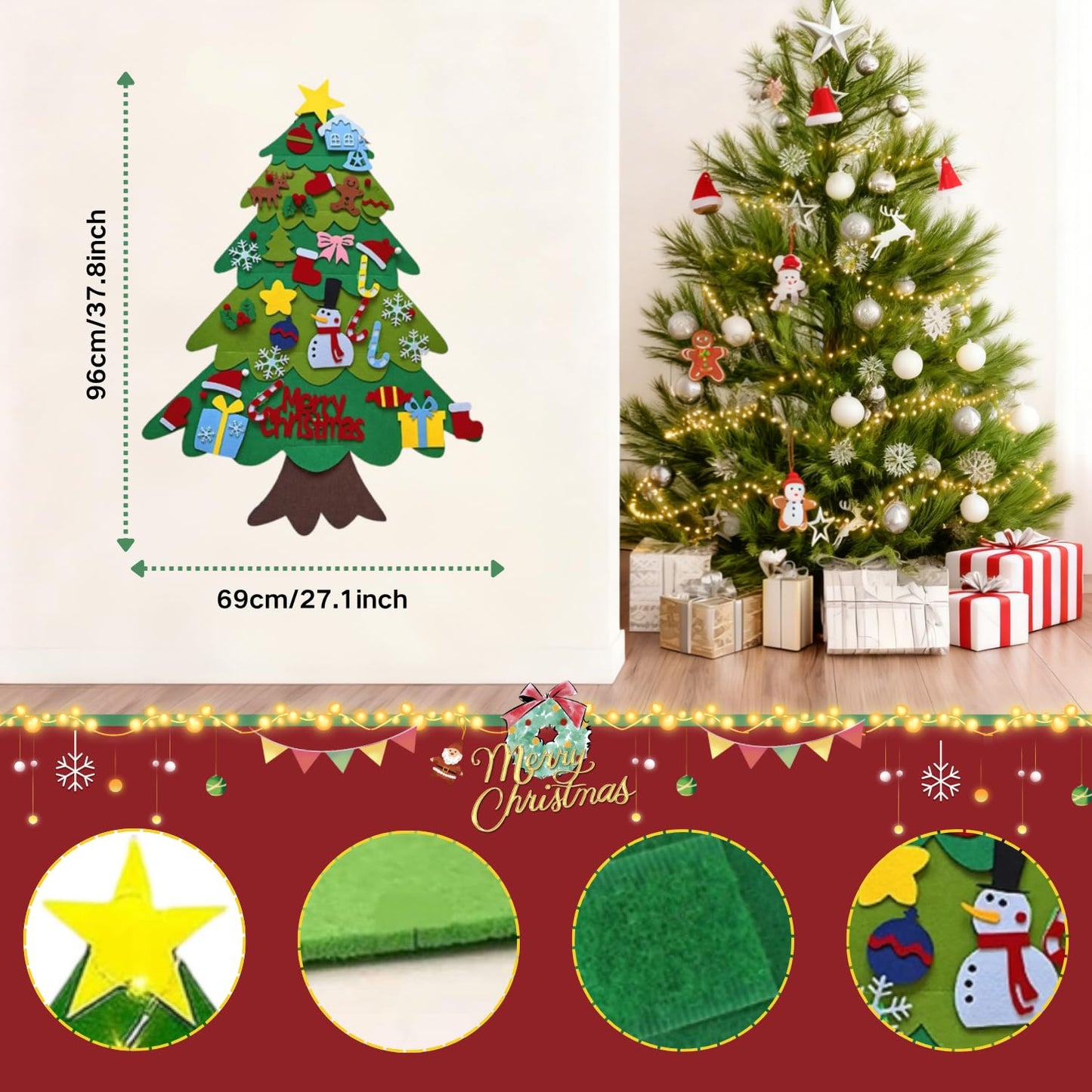 Felt Christmas Tree, 3ft DIY Felt Christmas Tree Set with 32 Ornaments & LED String Light, Decorations Christmas Wall Hanging, Felt Craft Kit, Gifts Party Supplies for 13 Years and Older