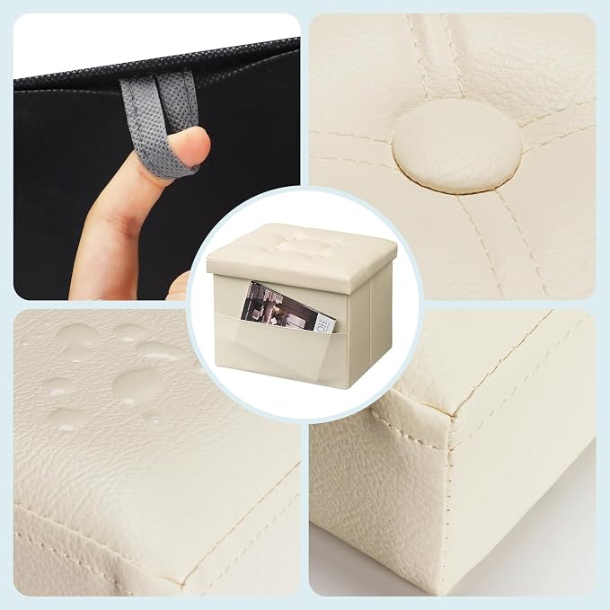 Bsketa Storage Ottoman Foot Rest Stool, Small Leather Storage Ottomans Bench, Folding Footstool with Side Pockets, Foot Rest Under Desk for Living Room Bedroom, 16x12x12 in, Beige
