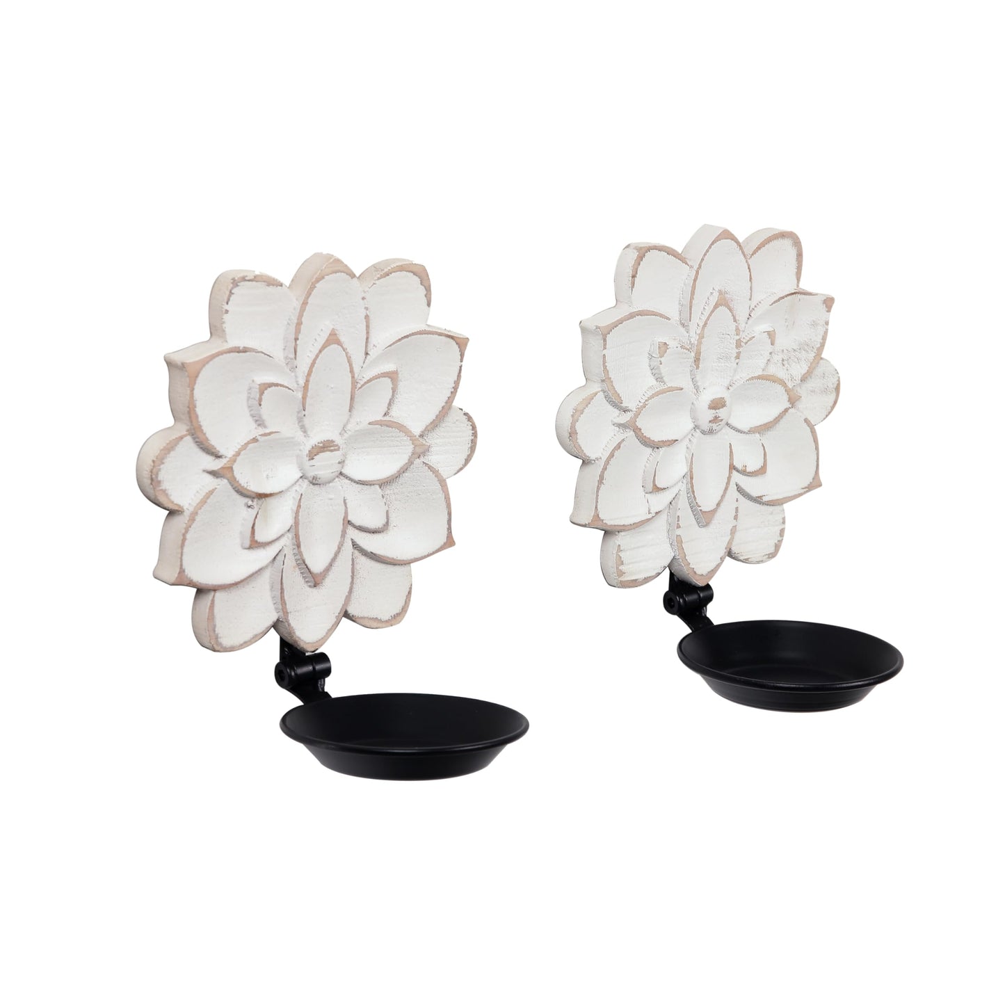 Farmhouse Candle Sconces Set of Two, Handcarved Wall Candle Holders Decorative, Flower Pattern, Distressed Finish Rustic Candle Holder Wall Decor for Living Room, Hallway