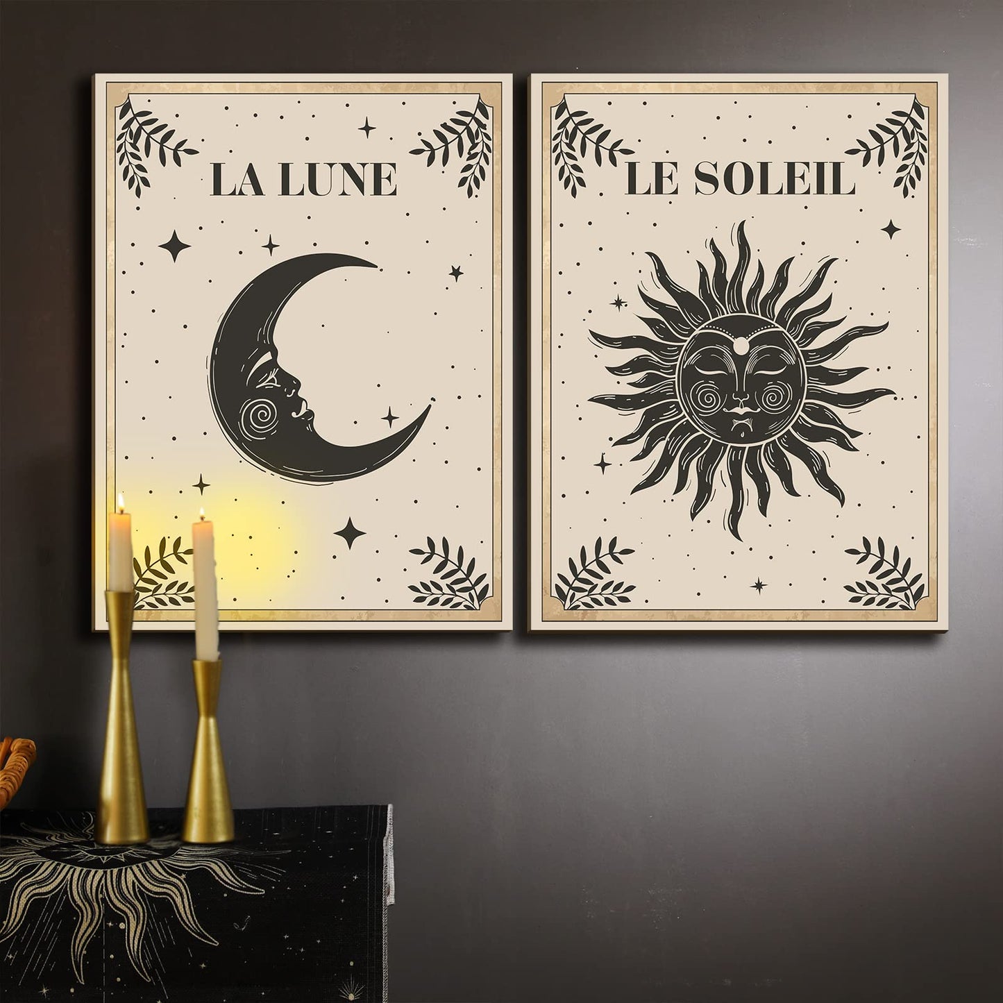 Geetery 2 Pcs Sun and Moon Celestial Wall Art Wood Tarot Cards Boho Witchy Wall Decor Hanging Mystic Astrology Decoration for Home Bedroom Living Room Gallery No Frame