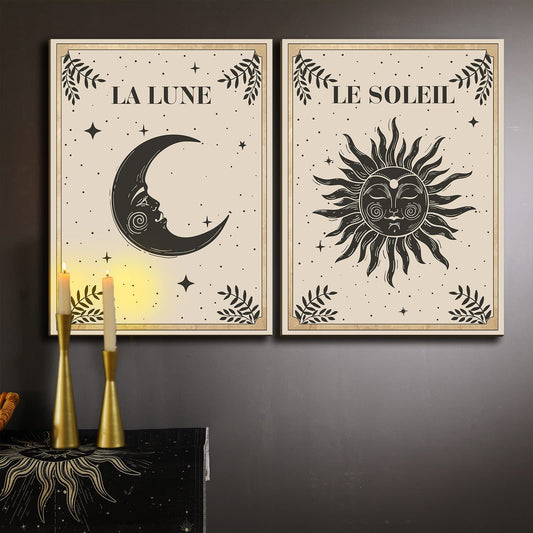 Geetery 2 Pcs Sun and Moon Celestial Wall Art Wood Tarot Cards Boho Witchy Wall Decor Hanging Mystic Astrology Decoration for Home Bedroom Living Room Gallery No Frame