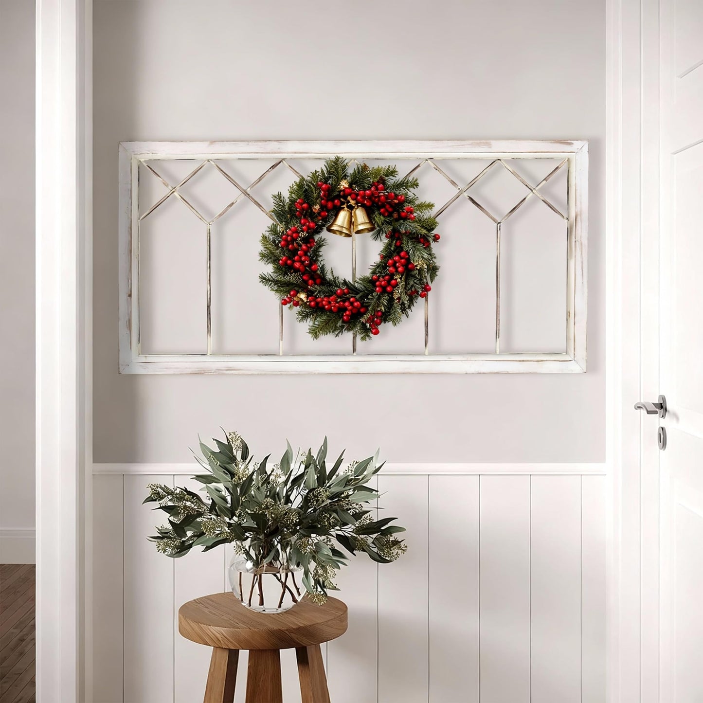 Oakrain Wood Window Frame Wall Art, 39"x 20" Rustic Wall Decor, Farmhouse Window Pane Decor for Wall, Decorative Wall Sculptures for Living Room, Bedroom, Entryway, Hallway, Distressed White