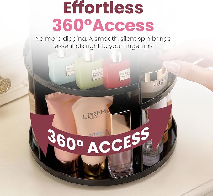 360 Rotating Makeup Organizer - Adjustable Shelf Height and Fully Rotatable. The Perfect Cosmetic Organizer for Bedroom Dresser or Vanity Countertop. (Black)