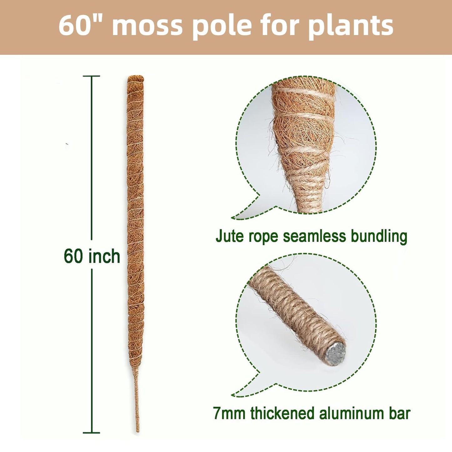 60 Inch Moss Pole for Plants，Bendable Moss Pole for Plants Monstera，Handmade Coir Plant Support Stakes for Potted Plants, Pothos