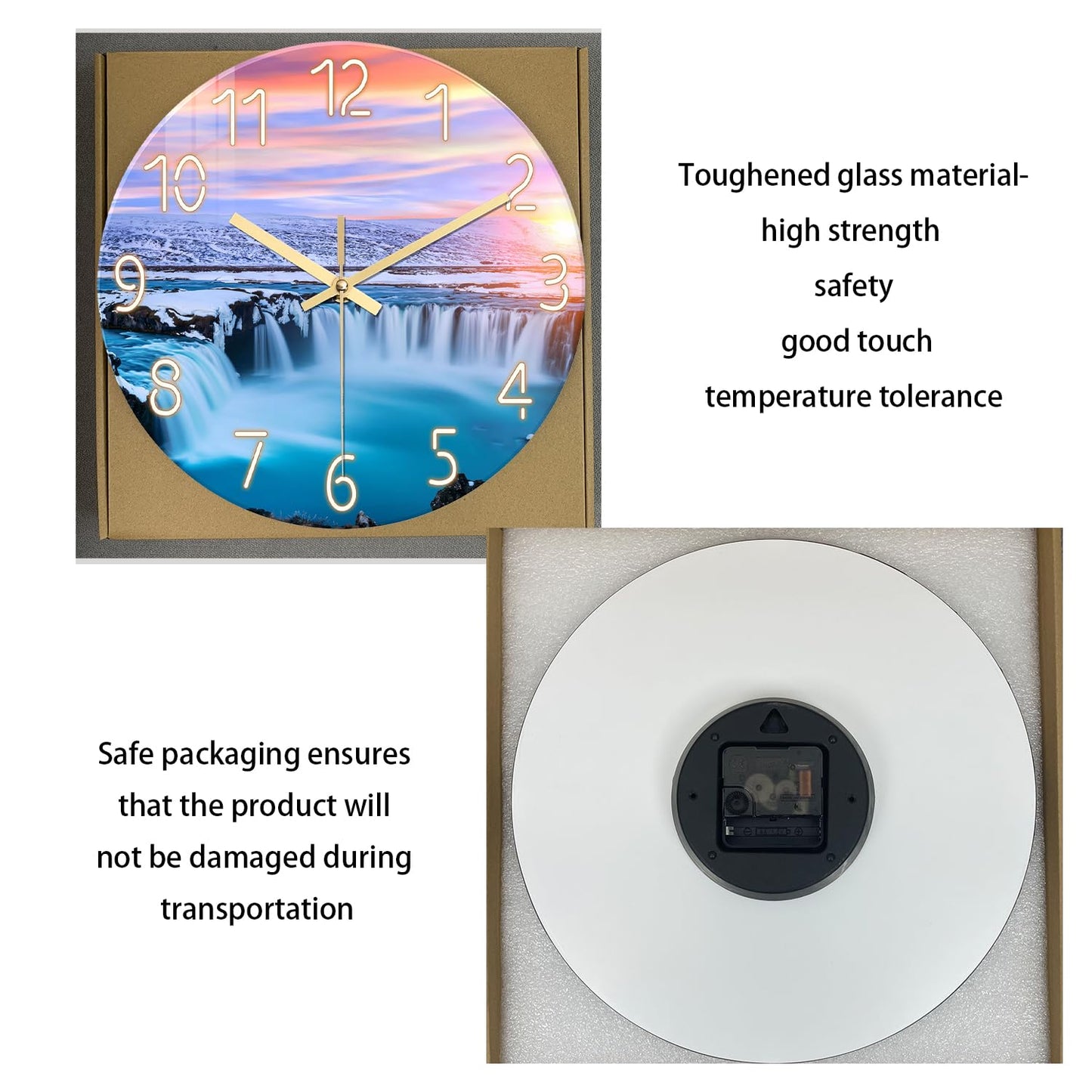XNM Landscape Blue Beach Wall Clock for Bedroom Living Room 14 Inch Glass Battery Operated Clocks for Wall Analog Wall Clock Silent Non Ticking