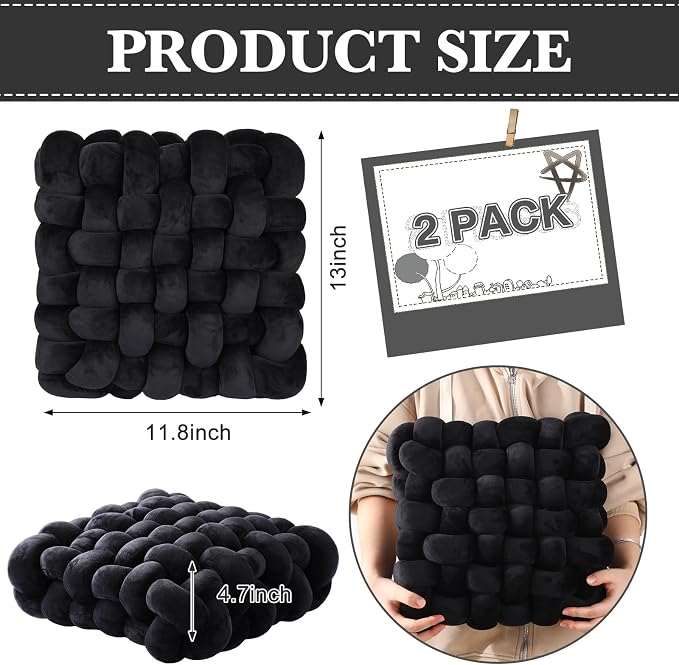 Wenqik 2 Pcs Knot Pillows Square Knotted Plush Throws Soft Accent Pillows Decoration Cushion for Couch Home Office Living Room Bedroom Bed Sofa Decor, 12'' x 13''(Black,Crystal Velvet)