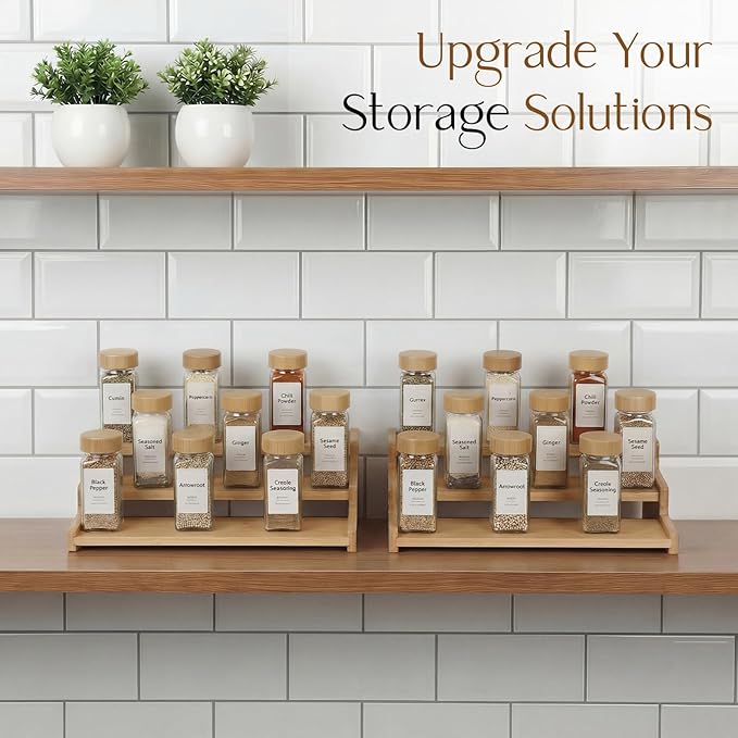 Organizer of Cabinet Special Seasoning, 12in Bamboo 3 Tiered Spice Rack，Used for Kitchen Countertops and Food Storage Room Organizer，Specially Designed for Jars and Spice Bottles (Bamboo, M)