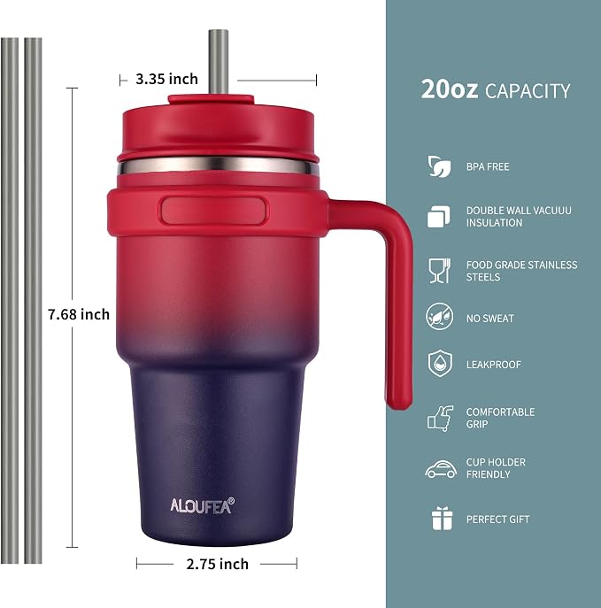 20 oz Insulated Coffee Mug Tumbler with Handle, Stainless Steel Travel Mug Tumbler with Lid and Straw,Double Wall Vacuum Leak Proof Ice Coffee Thermal Cup, Dark Rainbow