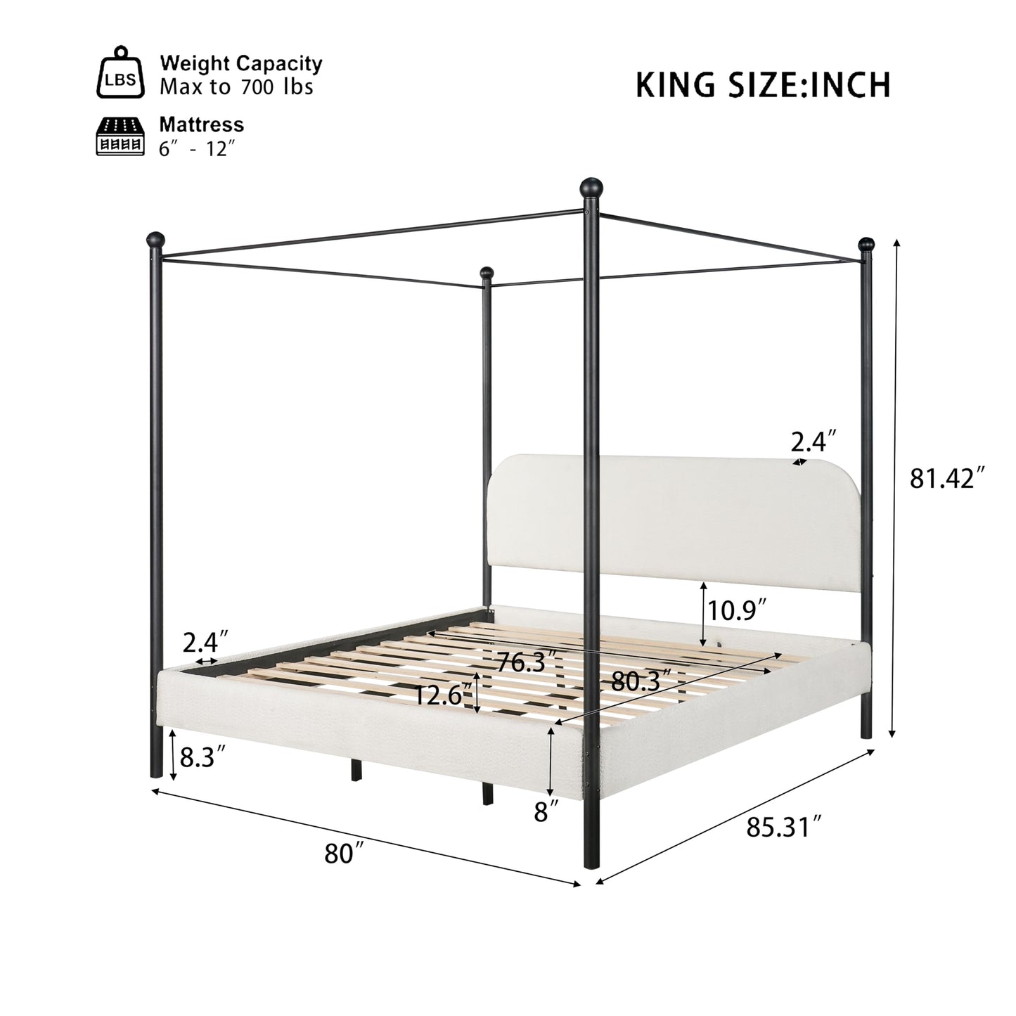Christopher Knight Home King Size Upholstered Canopy Bed Frame with Boucle Fabric, Curved Headboard and Iron Legs, Modern Platform Bed Frame with Slats No Box Spring Needed, White