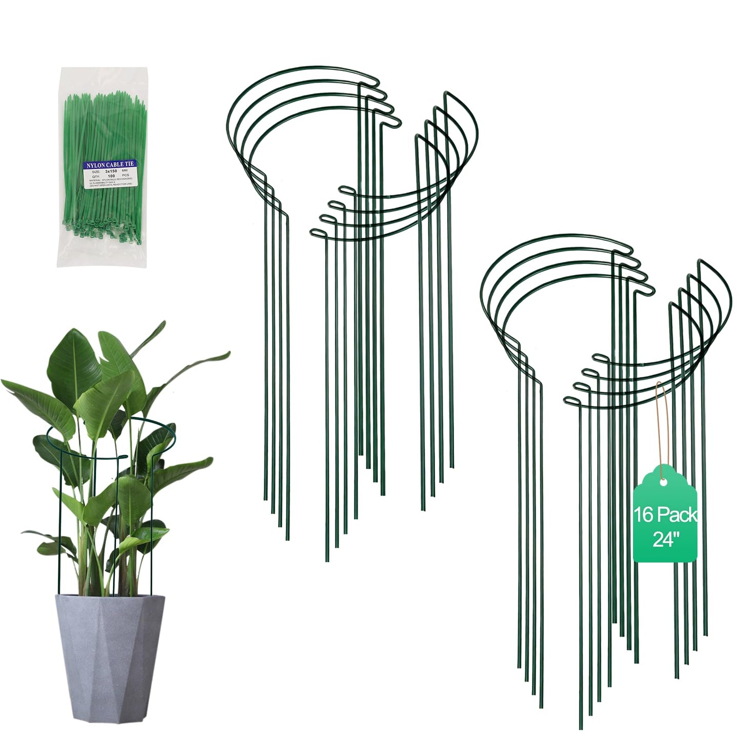 Tall Heavy-Duty 24in Plant Support Stakes - 16 Pack Peony Cages & Supports for Outdoor Plants, Half-Round Garden Stakes for Hydrangea, Roses with Extension Stakes