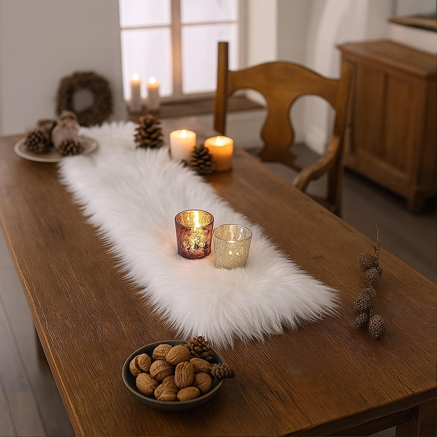 Table Runner, Thanksgiving Modern Small White Fur Table Runners for Party Birthday Christmas Friendsgiving Wedding Dinning Table, Decorative Rug Luxury Faux Fur Runner for Table(11.8x31.5inch)