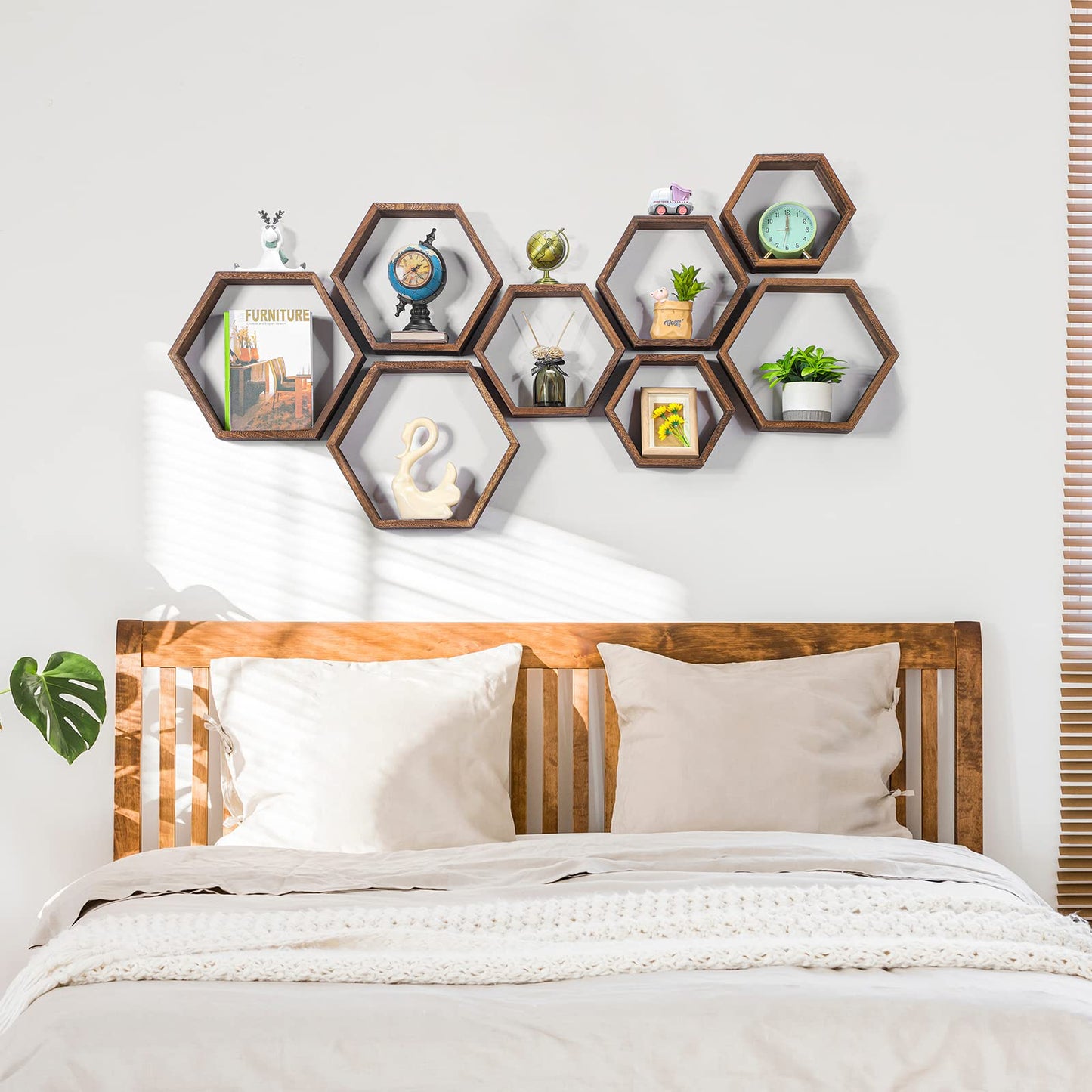Hexagon Floating Shelves Set of 8 Wood Hexagonal Shelves Brown Wall Decor and Storage Racks for Living Room Floating Honeycomb Plants Shelf Farmhouse Wall Hexagon Hanging Shelf for Bedroom Home
