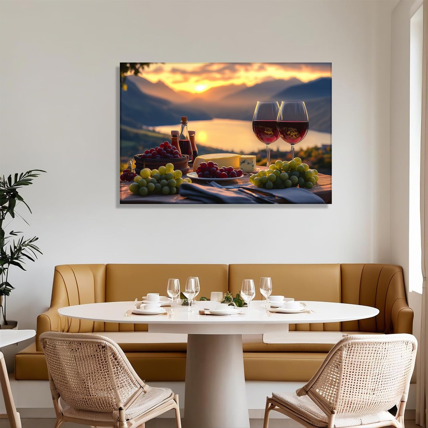 LYUNSHUO Kitchen Canvas Wall Art Wine Picture Decor Fruit Goblet Painting Prints Lakeside Sunset Landscape Romantic Poster Bar Restaurant Home Decoration Framed Ready to Hang(Art-3,12.00"x18.00")