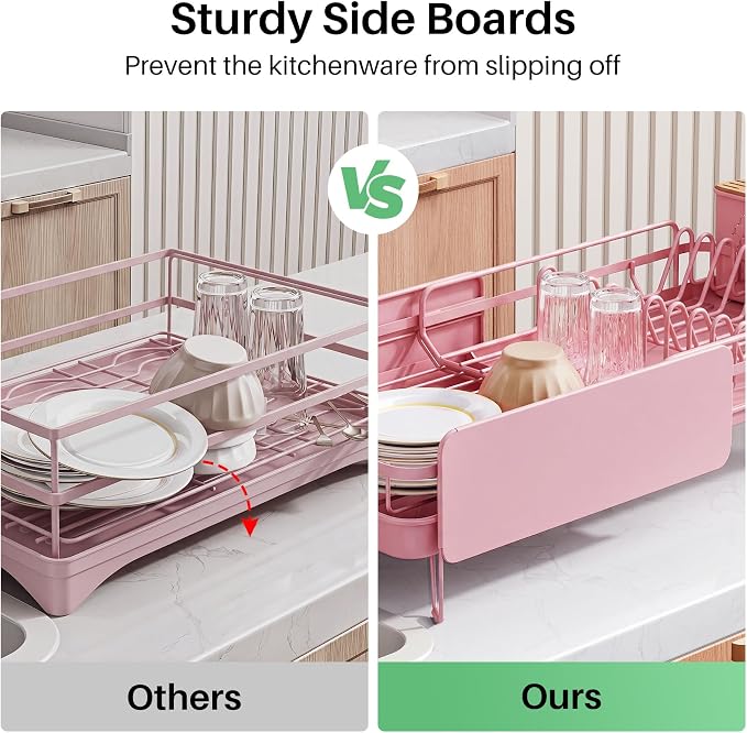 SNTD Dish Drying Rack - Large Dish Racks for Kitchen Counter, Expandable Dish Drainers with Cutlery Holder Stainless Steel Rustproof (Pink)