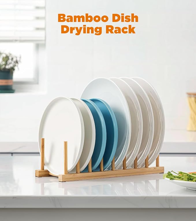 Bamboo Dish Drying Rack, 2 Pack Wooden Storage Holder Organizer for Plate/Bowl/Cup/Book/Pot/Lid/Cutting Board Drying Rack Stand Holder