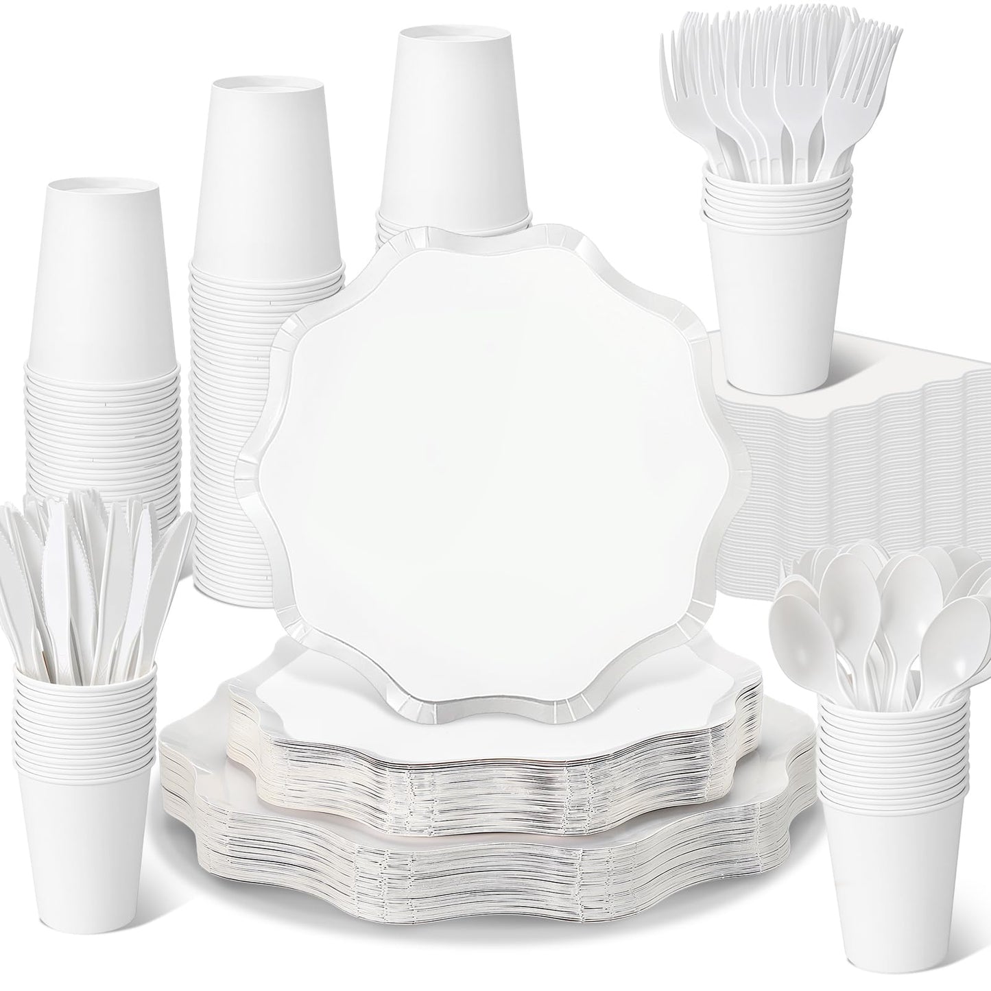 Ziliny 350 Pcs Cute White Party Supplies, 50 Guests Disposable Paper Plates Paper Cups Cutlery Napkins Dinnerware Set for Wedding, Birthday, Baby Shower, Outdoor (scallop Wave 1, White)
