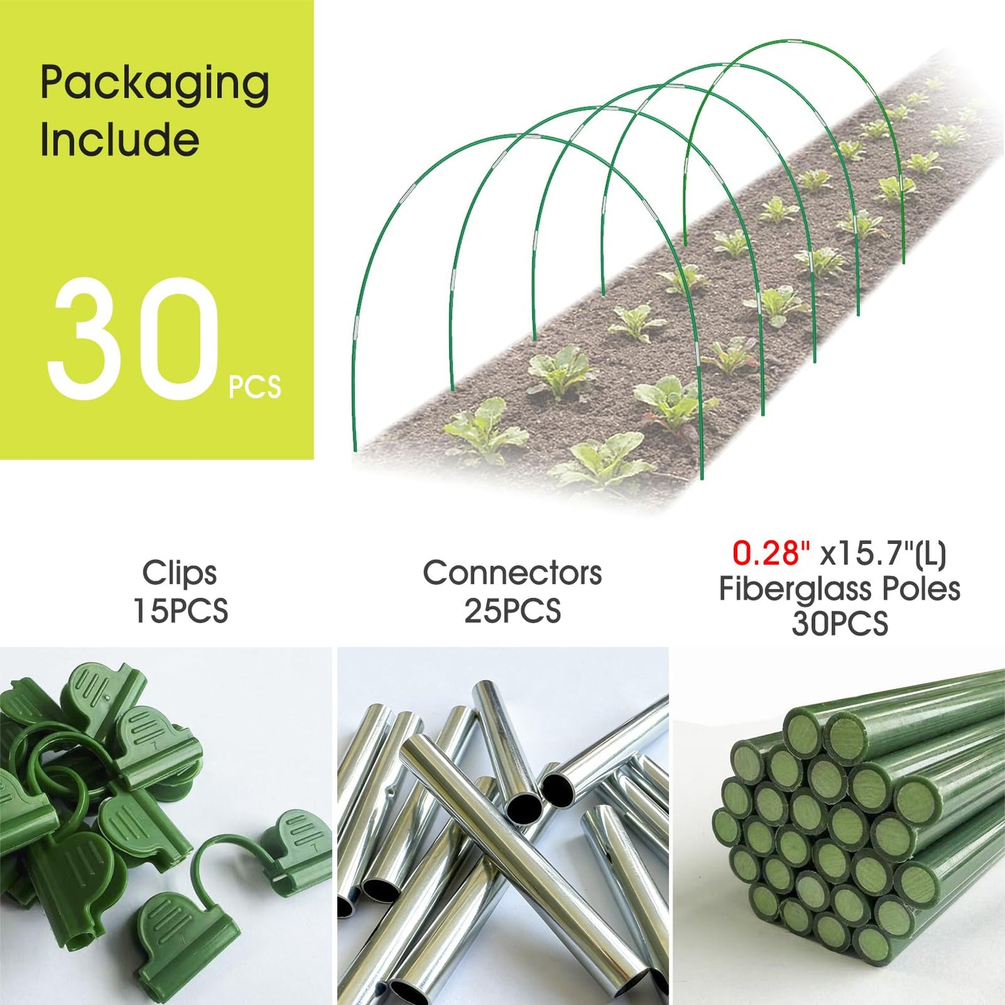 RIFNY 30 PCS Garden Hoops for Raised Beds, Greenhouse Hoops Kit Long Grow Tunnel for Row Cover, Rust-Free Fiberglass Garden Support Poles for Insect Mesh Netting Freeze Plant Cover (Green)