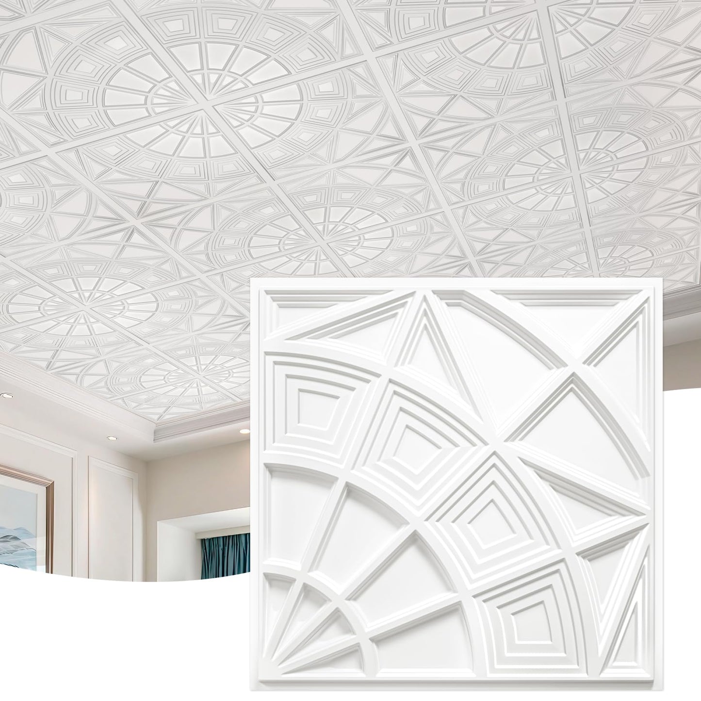 STICKGOO 3D Ceiling Tiles 24"x24", Modern Geometric Textured PVC Panels, Waterproof & Recyclable Drop or Glue-Up Decorative Ceiling Tiles for Home & Commercial Use (12 Pack, White)