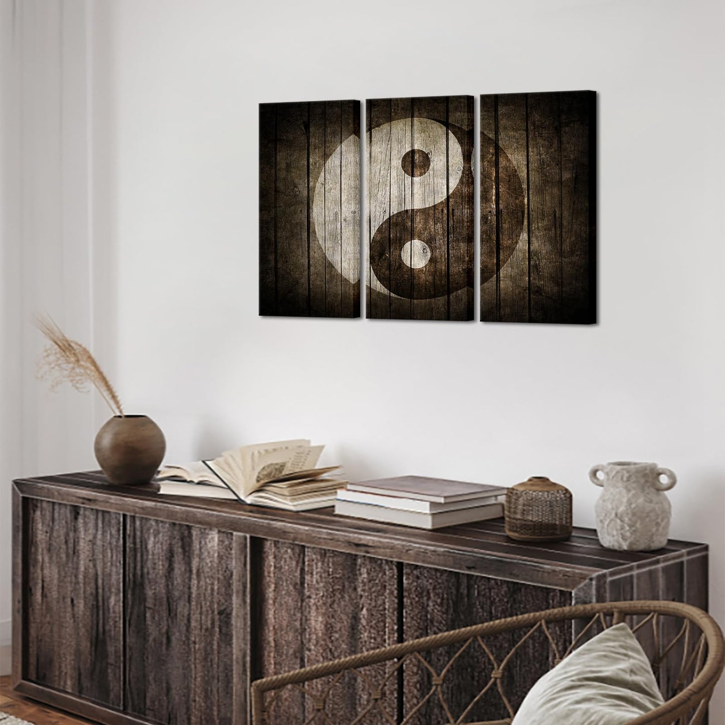 iHAPPYWALL Vintage Yin Yang Wall Art Brown Symbol Rustic Wood Painting Chinese Religion Picture for Home Living Room Ready to Hang