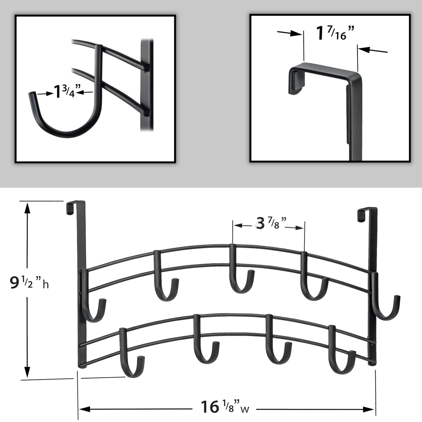 LYNK Professional® Home™ Over the Door Hooks - 9 Hook – Over the Door Coat Rack - Over the Door Hanger - Hanging Towels or Clothes - Bathroom, Bedroom, Laundry Room - Lifetime Ltd. Warranty, Black