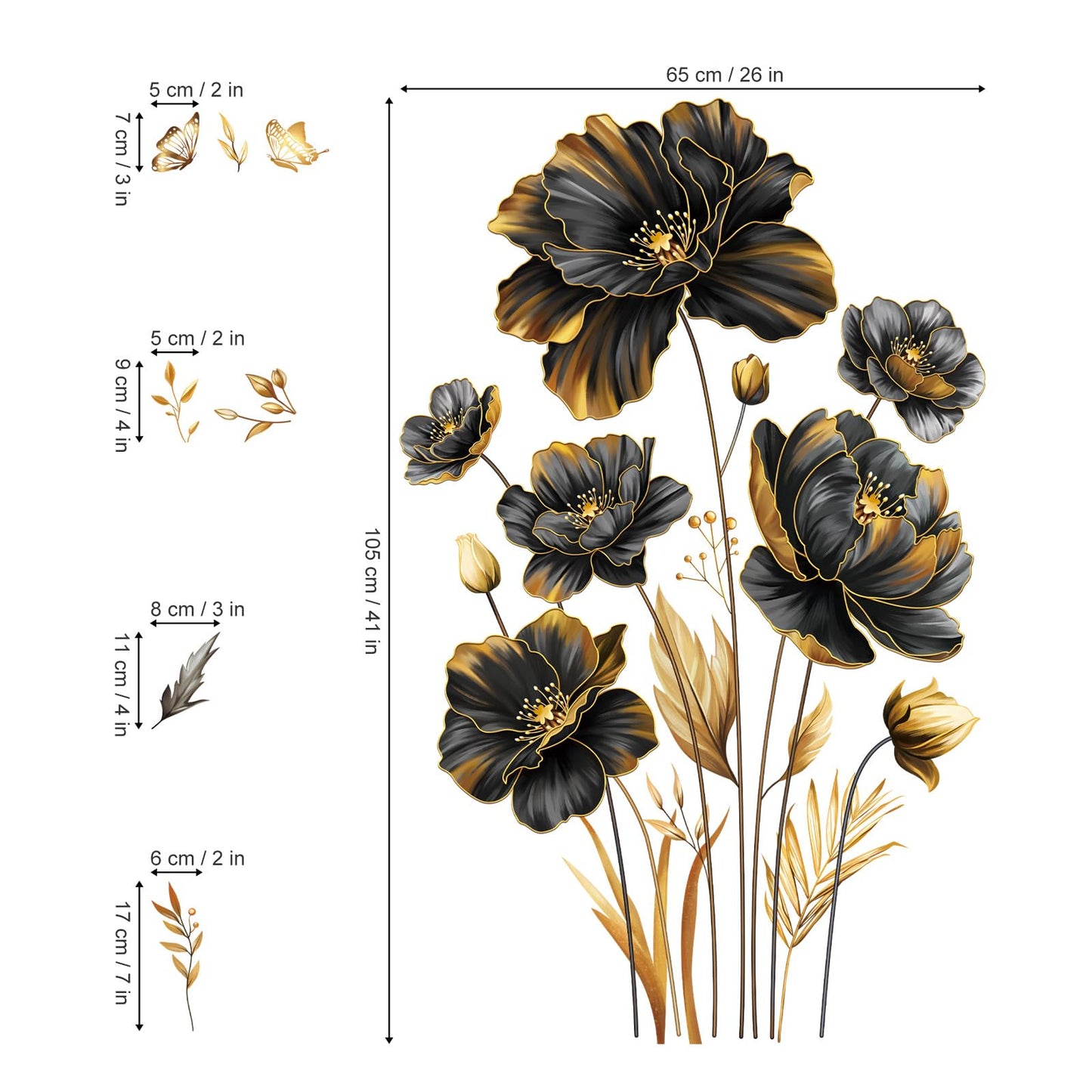 decalmile Large Black Gold Flower Wall Stickers Floral Gold Leaves Plants Butterfly Wall Decals Bedroom Living Room Sofa TV Background Home Decor