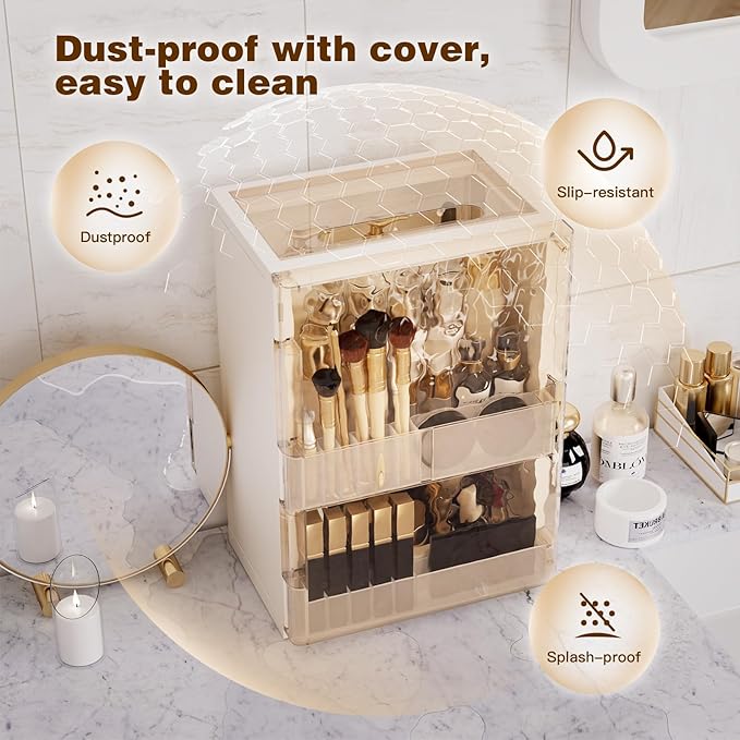 Makeup Organizer with Drawers and Lid, Large Skincare Organizer for Vanity, Dustproof Cosmetic Organizer and Makeup Storage Box with Brush Holder for Dresser, Bathroom Countertop