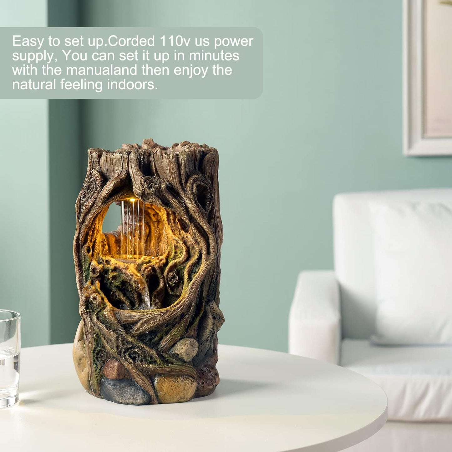 Kalona Tabletop Fountains Beautiful Stump Water Fountain Relaxation Raindrop Fountains Meditation Desk Fountain Artistic Waterfall Fountains Home/Office Decor(22013)
