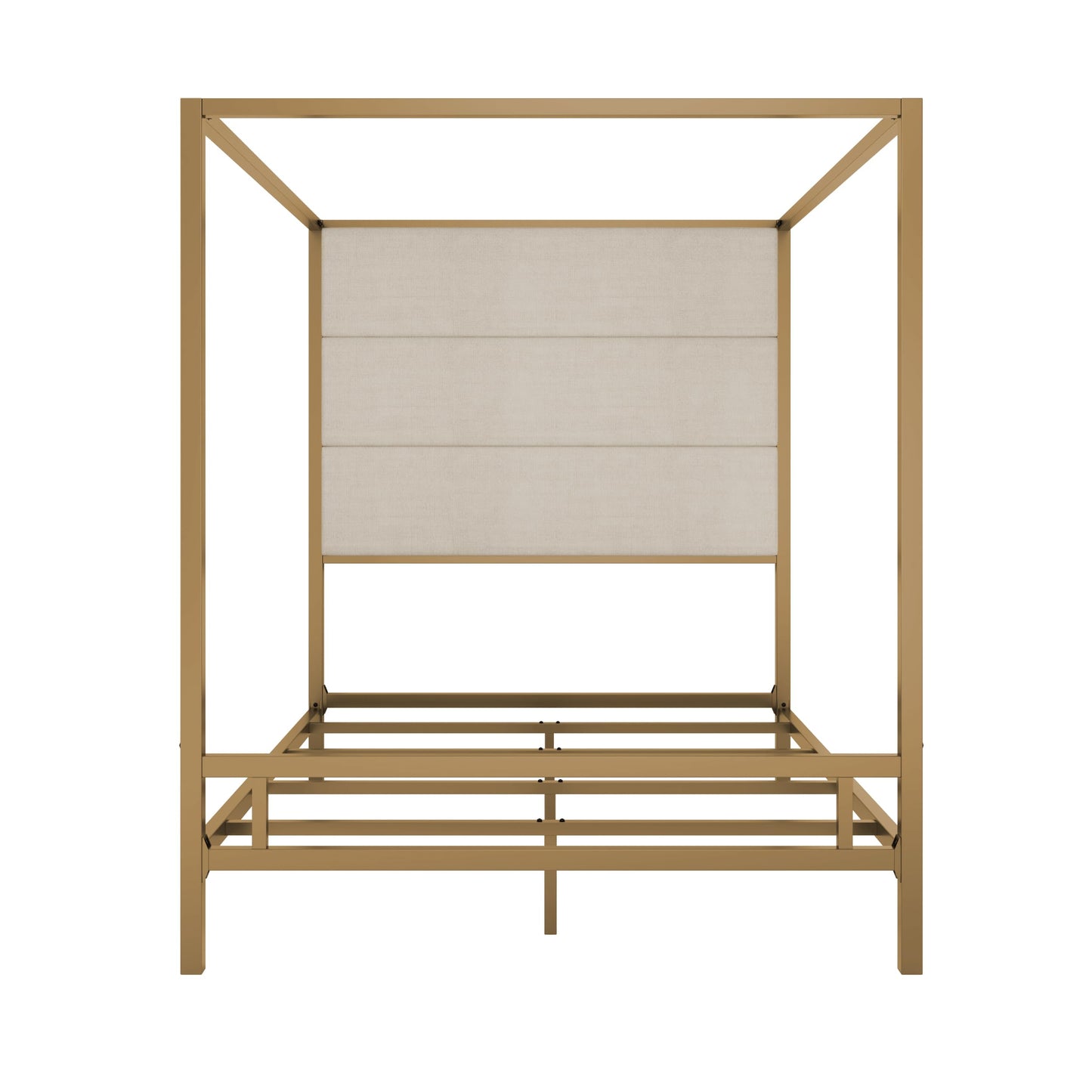 Merax Queen Size Gold Metal Canopy Bed Frame, Modern Upholstered Linen Headboard with Tall Back Support, 800 lbs Weight Capacity, Luxurious 4-Poster Bedroom Furniture for Modern Home, Gold+Tan