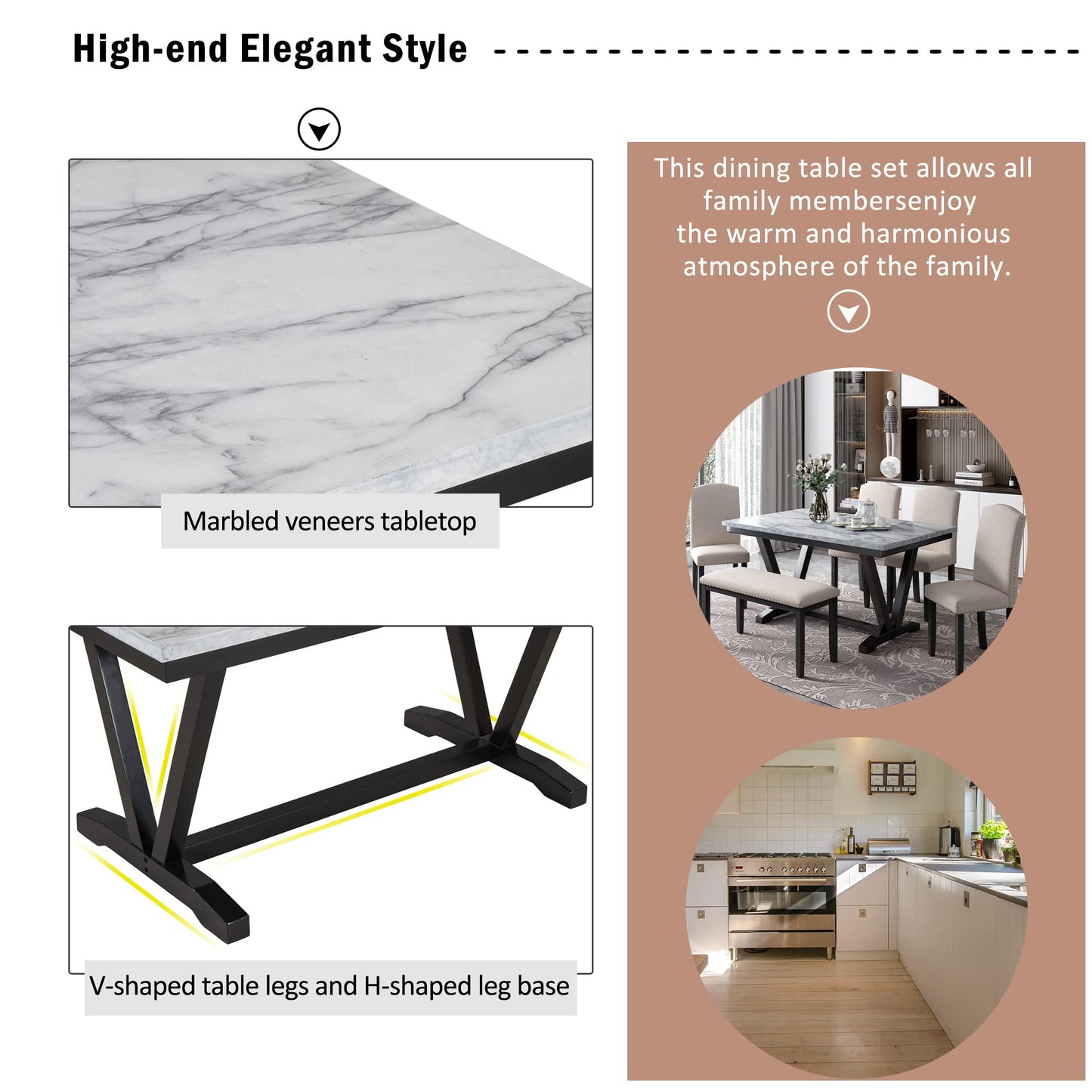 Ball & Cast 6 Piece Dining Table Set with 4 Chairs & 1 Bench,Living Room Furniture W/ 60" Rectangle Marbled Veneers Tabletop Kitchen Desk,for Restaurant,Home Bistro,White