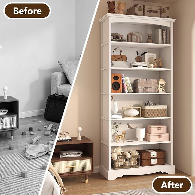 TVU 6-Tier Wooden Bookshelf, 76 Inch Tall Bookshelf with Storage, Floor Standing Modern Style Display Bookcase for Living Room, Office, Study Room, Entryway, White