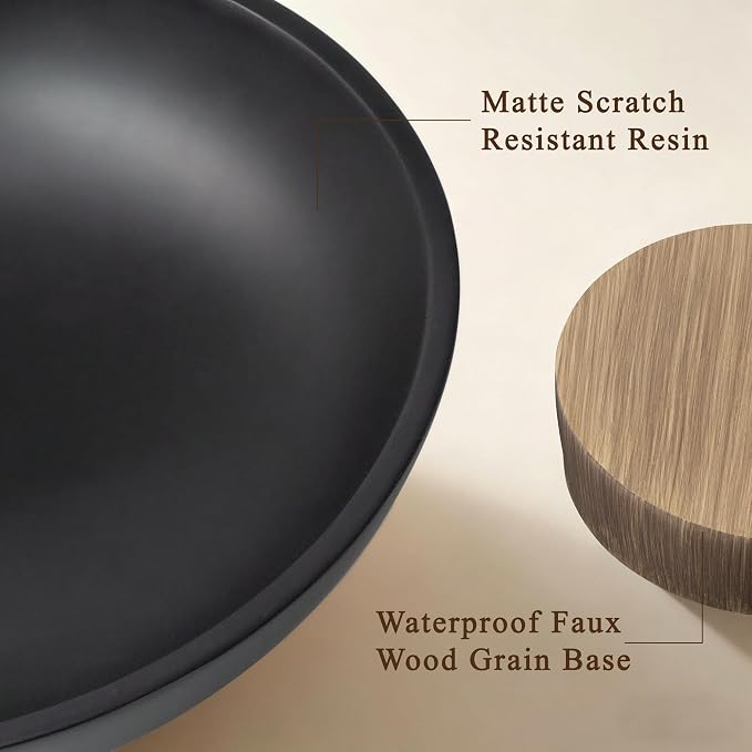 YMXYJM Modern Pedestal Fruit Bowl, Large Matte Resin Decorative Bowl with Faux Wood Base for Kitchen Counter, Living Room, Entryway Home Decor, Black