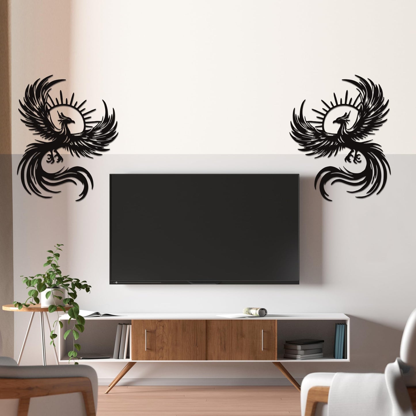 Rajukit Phoenix Art Metal Wall Decor, Phoenix and Sun Design 11.8x11 inches. Durable black metal. for living room, bedroom. Phoenix statue silhouette with sun rays.