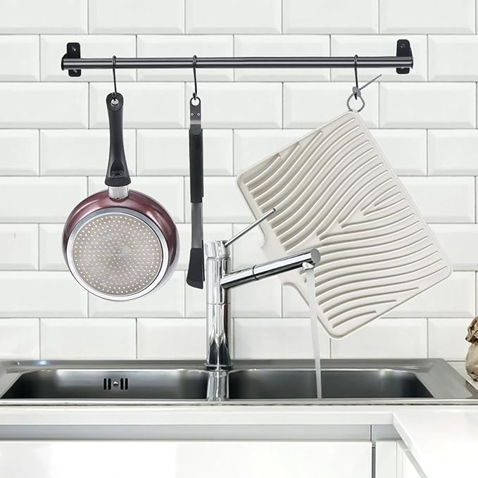 TIKNIK Silicone Dish Drying Mat for Kitchen Counter - Heat Resistant & Non-Slip Dish Drain Pad with Built-In Drain, Dishwasher Safe, Quick-Dry, Hangable & Roll-Up for Storage, Cream-2pcs, 16" x 12"