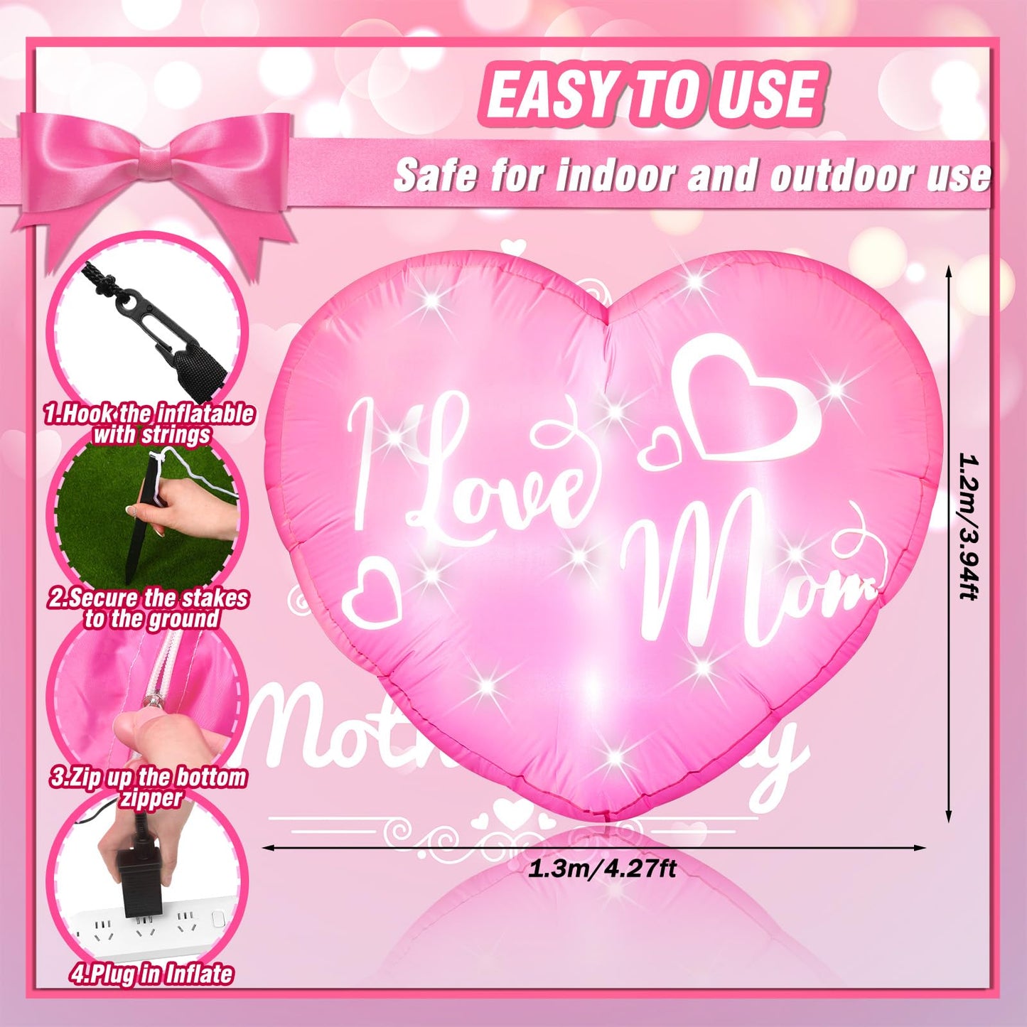 VIHOSE 4.2 ft Mother's Day Inflatables Decoration I Love Mom Blow up Decor Heart LED Lights Inflatable Decor for Outdoor Yard Garden Lawn Decoration Mom Gifts Party Supplies