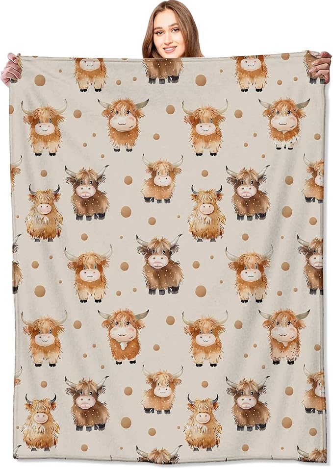 Cute Highland Cow Blanket,Adorable Cartoon Farm Animal Throw Blankets,Gifts for Kids,Lightweight Soft Fleece,for Picnic Sofa Couch Bed Room Travel,Birthday Rustic Farmhouse Decor,50x60in