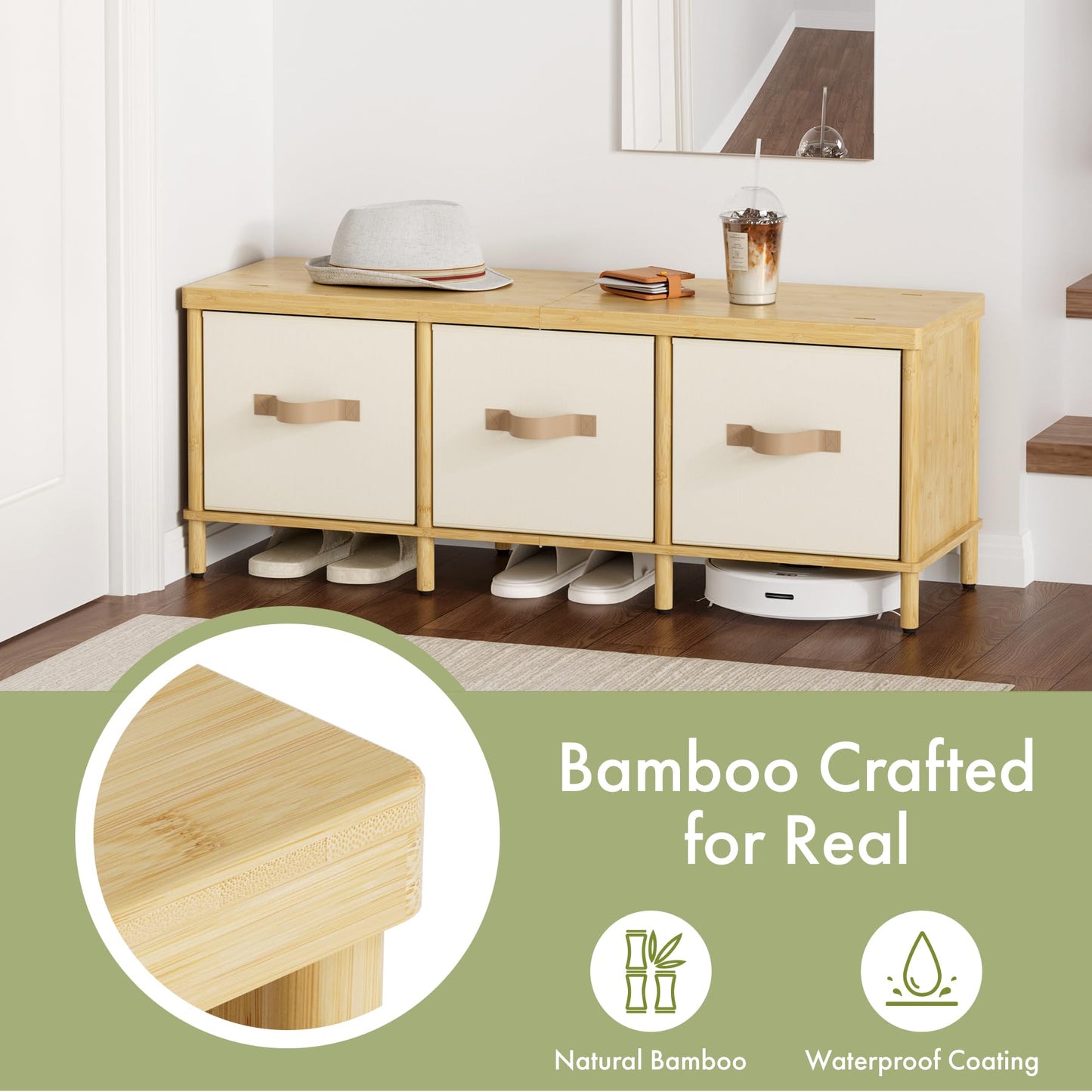 Atoping Storage Bench, 43.3" Bamboo Storage Chest with 3 Drawers, Entryway Bench with Cushioned Seat, End of Bed Bench with Storage Toy Box, Toy Chest Storage Bench for Entryway, Living Room, Bedroom