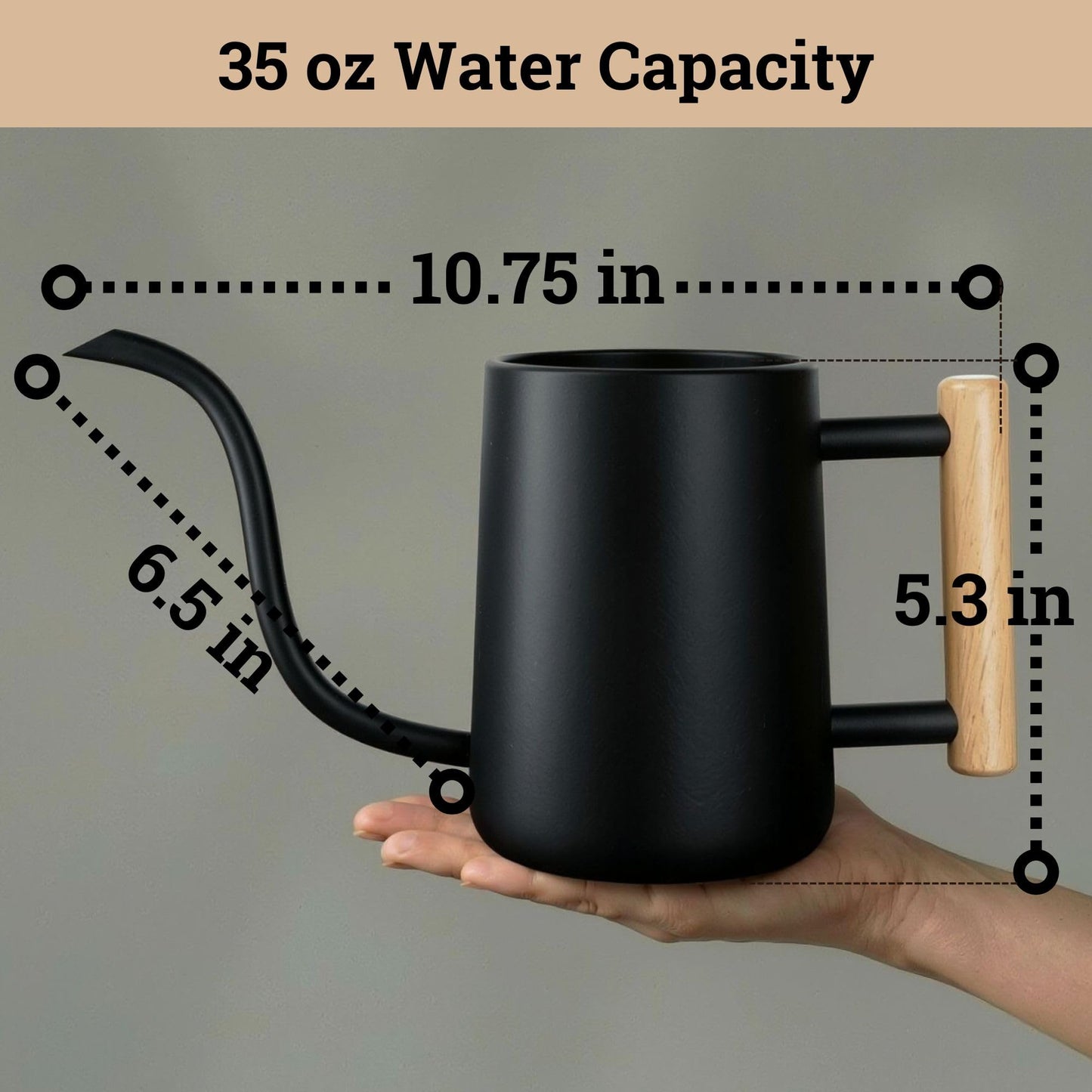 35 Ounce Metal Small Indoor Watering Can with Long Spout & Real Wood Handle for House Plants, Succulents, Cacti & Seedlings - Black Long Spout Watering Can Indoor Plants - Gentle Flow & No Spills
