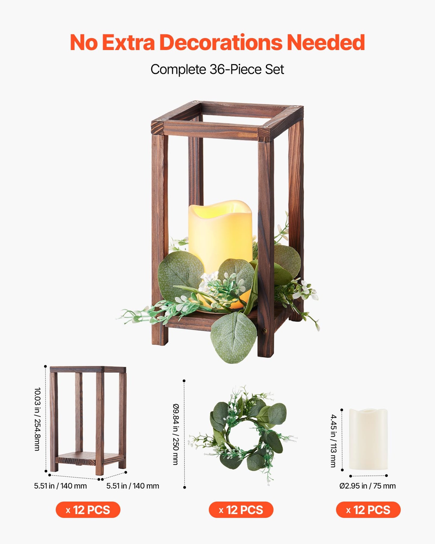 VEVOR 12 Set/36 Pcs Wooden Wedding Lantern Centerpiece, Includes 12 Wooden Lantern Candle Holder 12 Flameless LED Candle 12 Eucalyptus Leaves Wreath for Wedding Table Party Farmhouse Decor, Brown