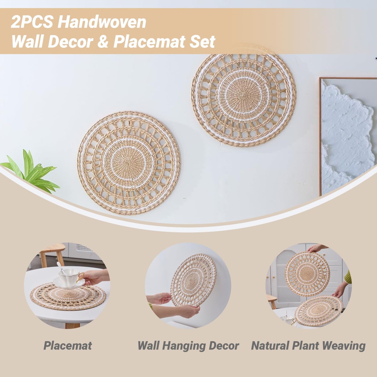 Deosur 2PCS Boho Woven Grass Wall Hanging & Tray – 35CM Handmade Round Wall Art for Living Room & Bedroom – Dual-Purpose, in White