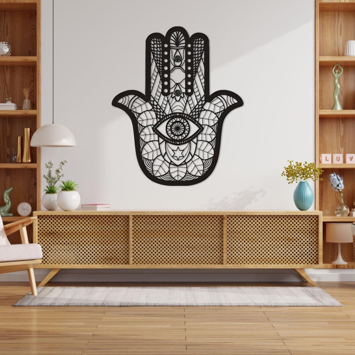 Hamsa Metal Wall Art, Hamsa Hand Wall Art, Hamsa Sacred Geometry Wood Wall Art, Extra Large Wall Decor, Boho Wall Art, Evil Eye Art, Metal Wall Art for Living Room, Housewarming Gift (White, 48 x 39 inch / 121 x 100 cm)