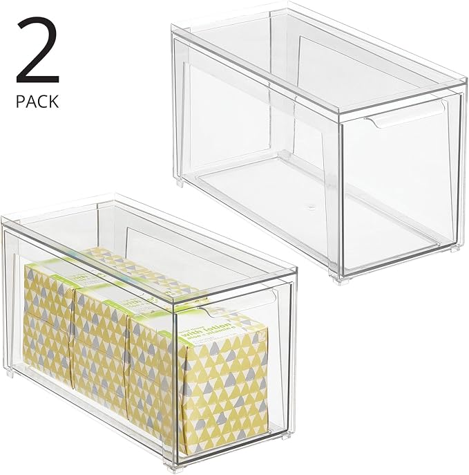 mDesign Plastic Stackable Bathroom Storage Organizer Bin Containers with Front Pull Drawer for Bathroom Countertop, Vanity, Closet Shelves - Holder for Accessories - Lumiere Collection, 2 Pack, Clear