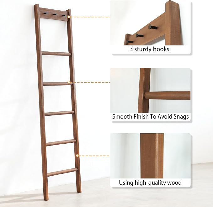 Wooden Blanket Ladder - Natural & Motley Wood - Leaning Wall Decor for Bedroom, Bathroom, Living Room - Rustic Quilt Holder & Towel Rack (Walnut Color + Hook, 76in（5-Tier）)