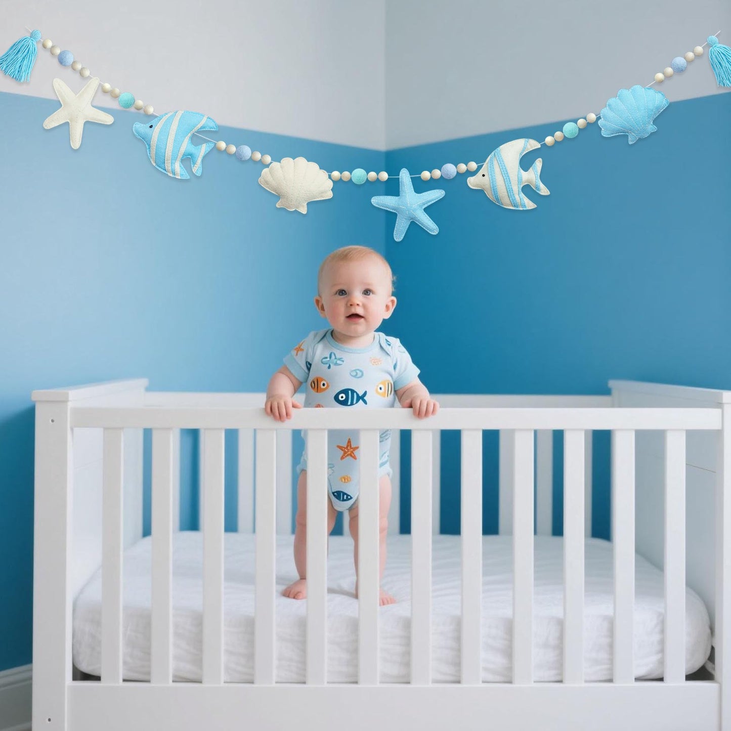Under The Sea Decorations Pre-Strung Handmade Felt Blue Beige Ocean Fish Starfish Shell Banner Blue Aqua Wool Felt Ball Wooden Beads Tassel Garland for Ocean Beach Shell Mantle Fireplace Home Decor