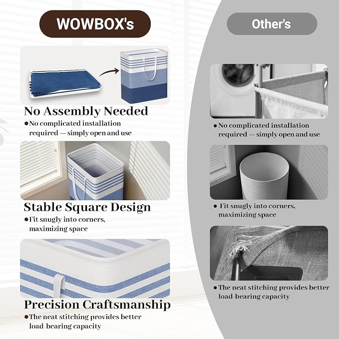 WOWBOX 2 Pack Laundry Baskets, Laundry Hampers, Freestanding Dirty Clothes Hampers with Reinforced Handles & Cross Stitch & Waterproof Coating, for Laundry Bedroom Bathroom Dorm,100L Blue
