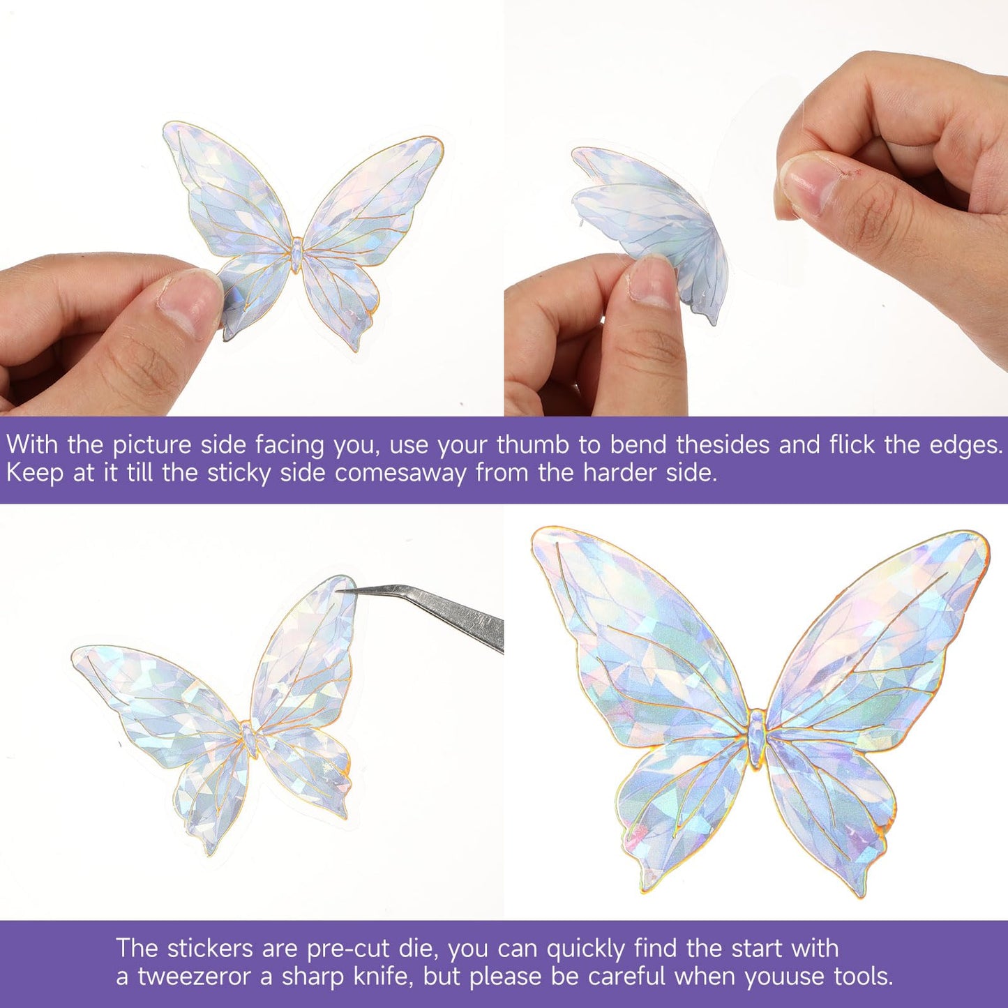 80pcs Holographic Glitter Butterfly Stickers Phone Butterfly Stickers Set, Blue Green Pink Purple Sparkly Crystals Clear Resin Waterproof Stickers Decals for Scrapbooking Journaling Water Bottles