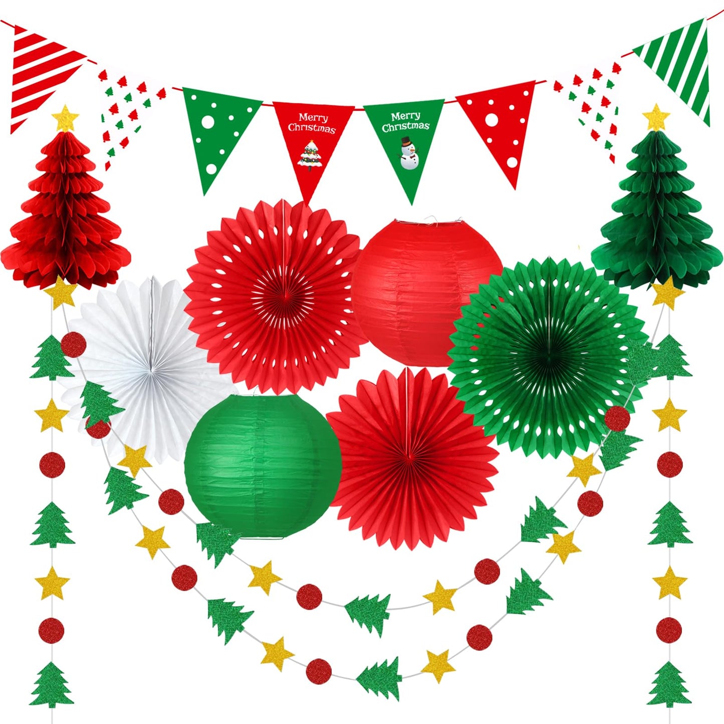 YOVIWEI Christmas Party Decorations - Red & Green Christmas Flag, Xmas Tree Honeycomb Balls Garland Paper Fans Paper Lanterns for Holiday Party Decorations Winter Party New Year's Eve Classroom Decor