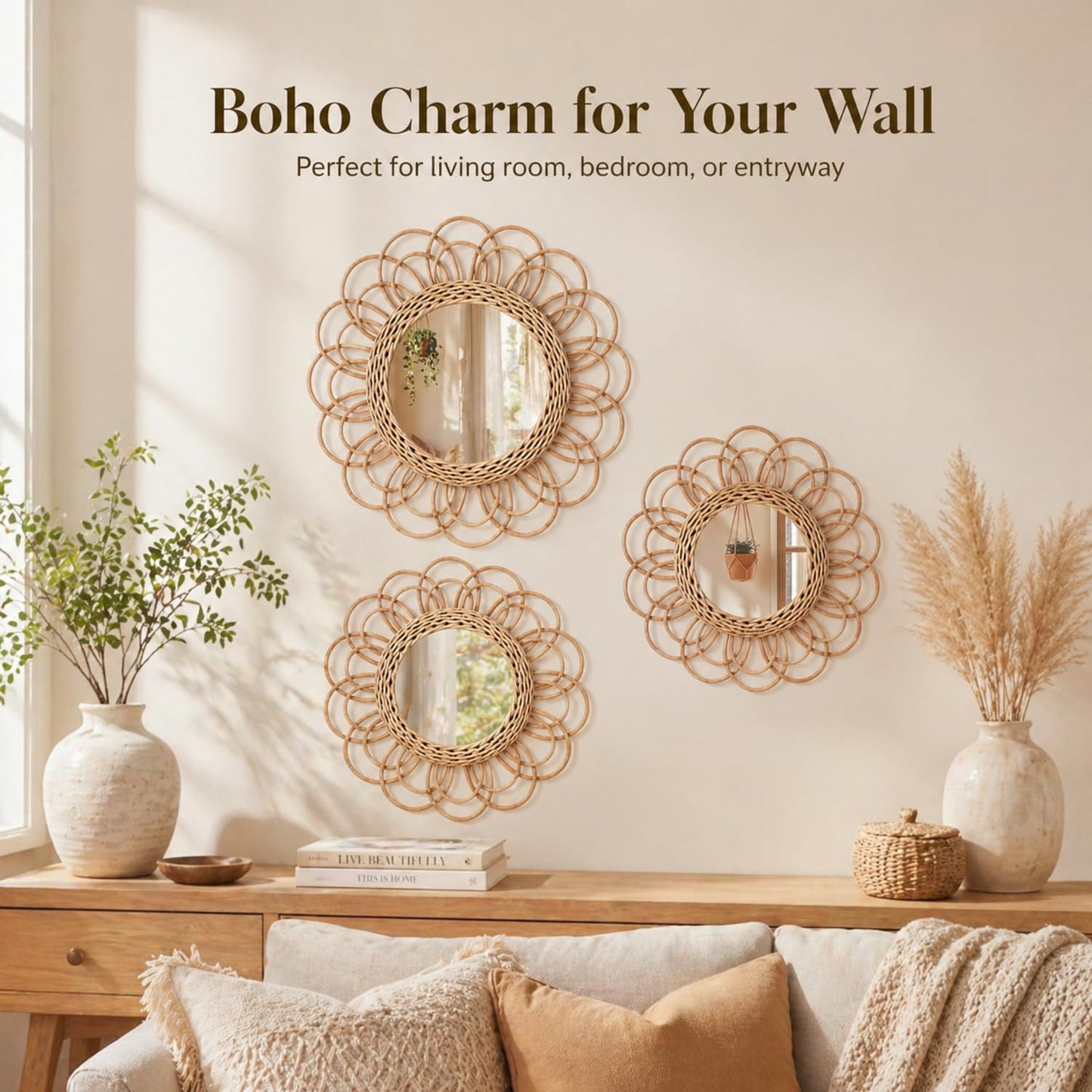 Vercraft 3 Pack Boho Rattan Mirror Wall Hanging Decor, 15.7" & 11.8" Sunflower Round Woven Decorative Circle Mirrors, Hanging Art Decor for Farmhouse Bedroom Living Room Bathroom Gallery Wall